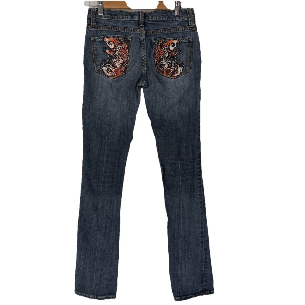 Y2K New London Womens Koi Embroidered Selvedge Jeans Size 26‎ Low Rise Straight